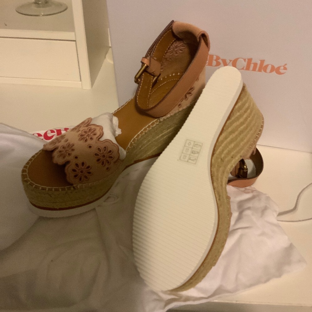 See by Chloe pink floral laser cut suede espadrille wedge, size 8 (38), nwt - Picture 3 of 5